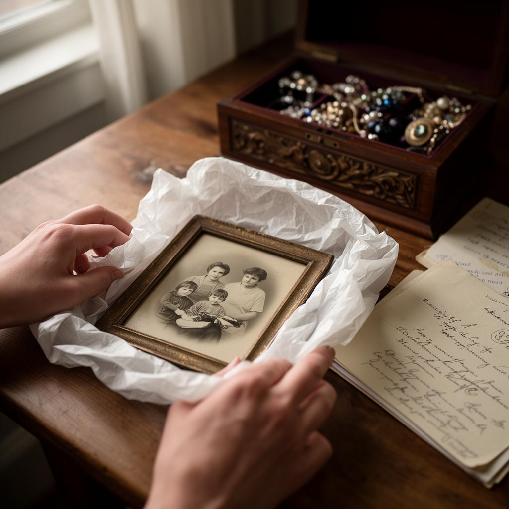 Behutsame Hände wickeln ein altes Familienfoto in Seidenpapier